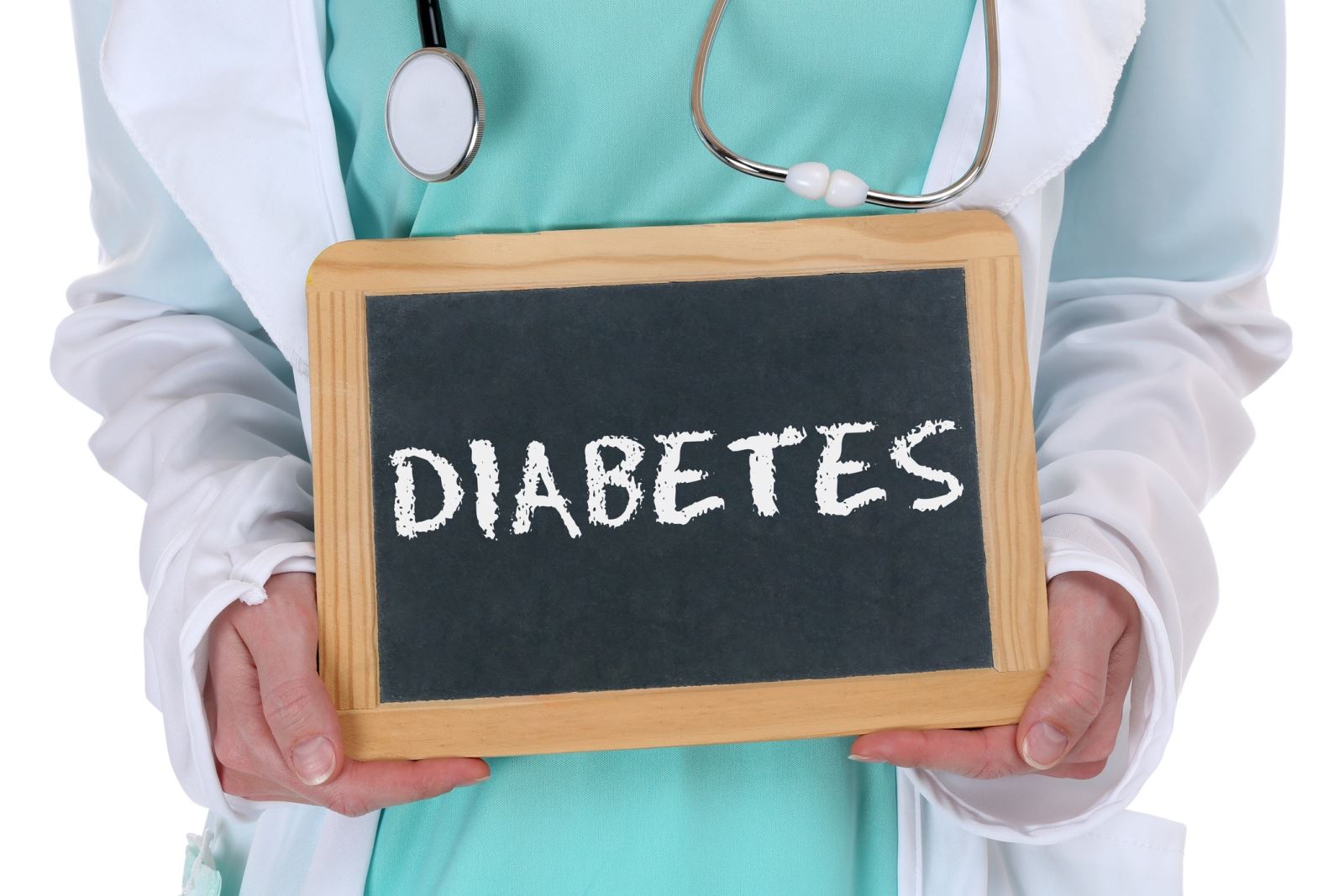 Diabetes word Doctor holding a small blackboard with the word Diabetes written on it