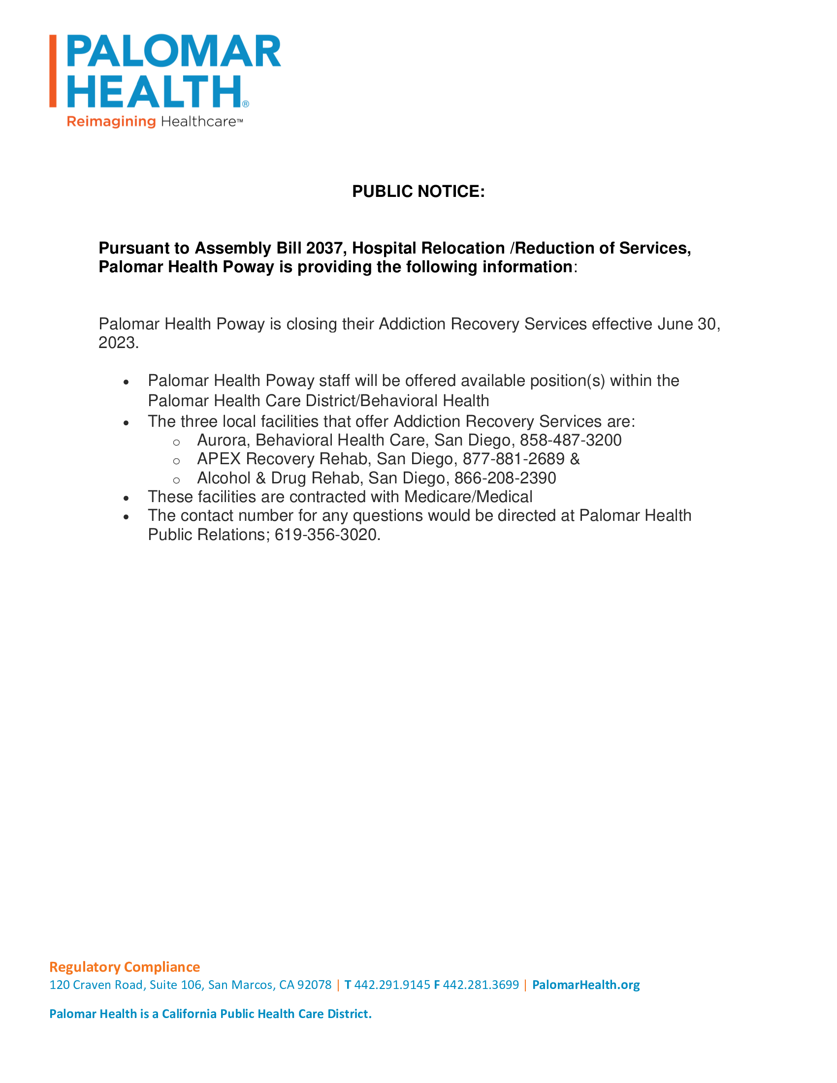 Recovery Center at Poway Public Notice